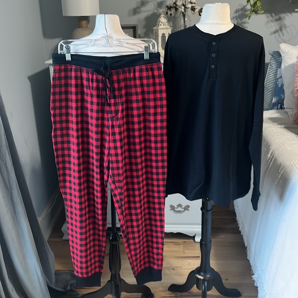 Lands End Pajama Set Black Long Sleeve Shirt Cotton Red Check Pants Mens Medium